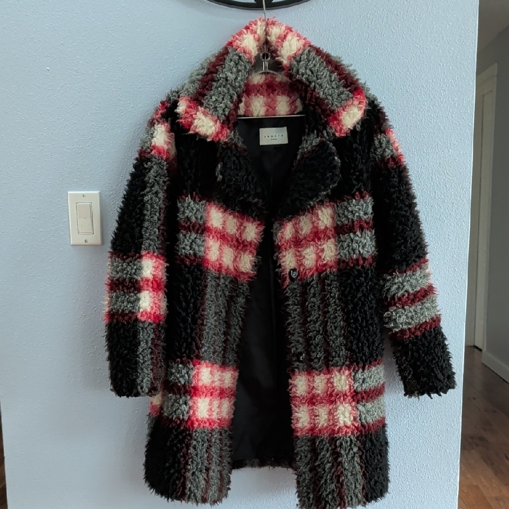 Sandro Maxa Rouge Elegant Black and White Teddy Jacket Coat